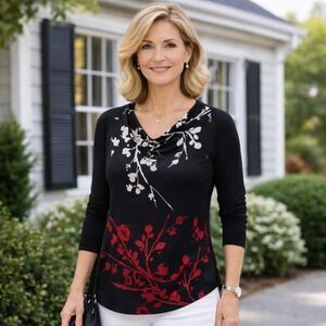 Chico's Travelers Slinky Tunic Top Drape Cowl Neck Asian Floral Pattern 1 Size M
